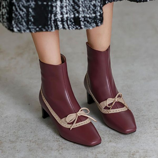 

boots genuine leather women's ankle square toe med heels shoes bowknot black burgundy sweet n26