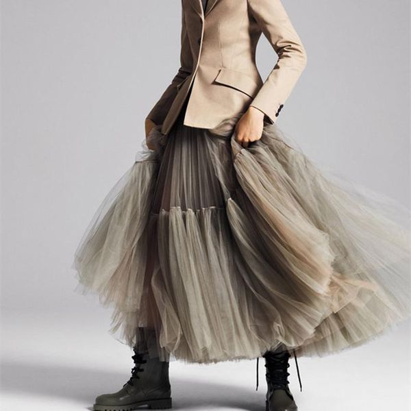 

skirts vintage gothic black white pleated long tulle skirt tutu femme high waisted runway soft mesh womens 2021 winter