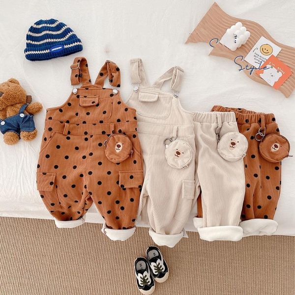 

jumpsuits 2021 winter children cute inner fleece corduroy overalls girls boys polka dot thcik warm bib pants, Blue