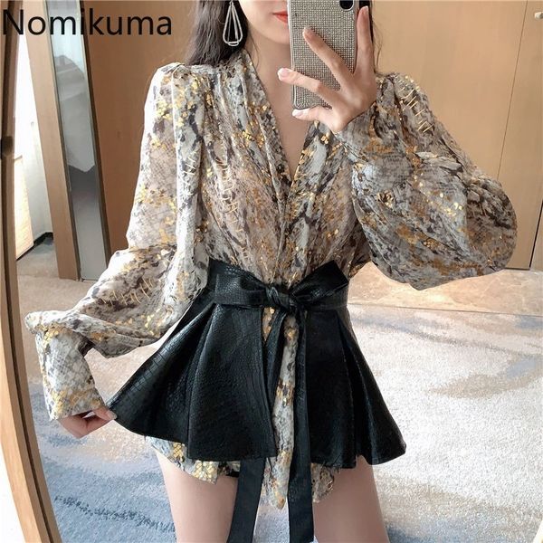 

nomikuma spring women 2pieces sets korean printed lantern sleeve chiffon shirt bow tie ruffle slim waist blouse 6f861 210427, White