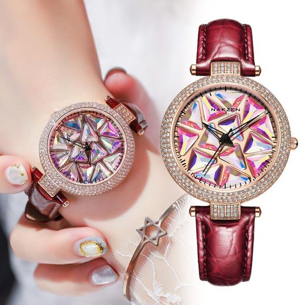 

wristwatches 2021 watch student business casual fashion women's japanese movement color diamond dial time to run red belt, Slivery;brown