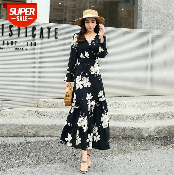 

women's dress long over-the-knee chiffon v-neck long-sleeved waist slimming skirt #7v5r, Black;gray