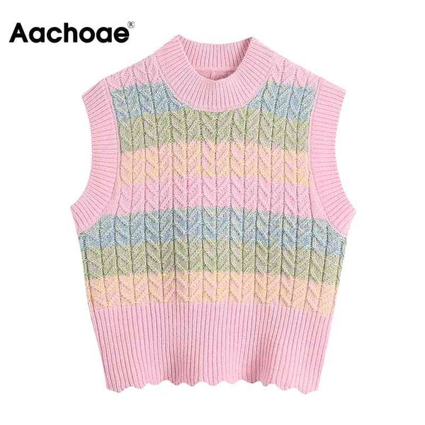 

aachoae sweet color block striped cropped vest sweater women o neck sleeveless chic knitted pullover ladies waistcoat 210413, White;black