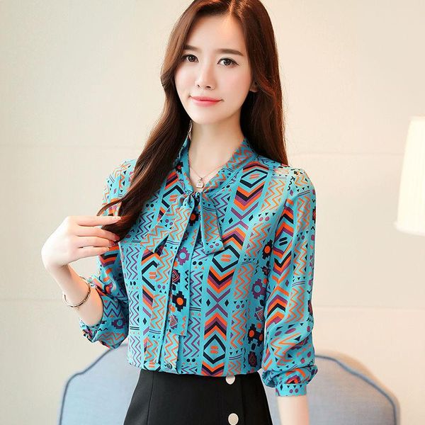 

women's blouses & shirts streamer scarf collar bowknot shirt female long-sleeved loose large size single-breasted stitching blouse wome, White