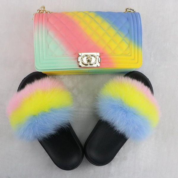 

100% real fur slippers women slides rainbow shoe cute flip flops travel furry shoes jelly bags set fashion bag, Black