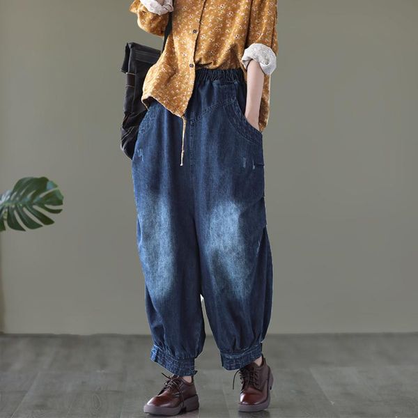 

autumn winter jeans women large size loose retro denim pants 2021 elastic waist casual all-match trousers women's, Blue