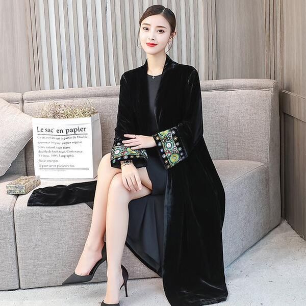 

casual dresses elegant cardigan velour dress 2021 vintage beaded velvet long sleeve winter women midi dc296, Black;gray