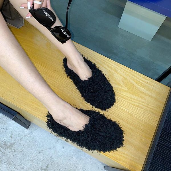 

winter fur slippers women furry mules ladies cotton shoes sandalias warm plush pantuflas solid cover toe shearling slides femme, Black