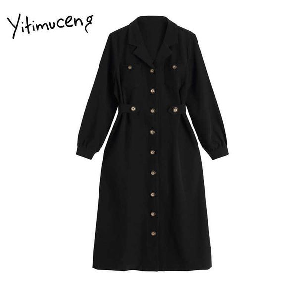 

yitimuceng midi dresses for women vintage a-line solid button empire notched black red spring clothing mid-calf winter fall 210601, Black;gray