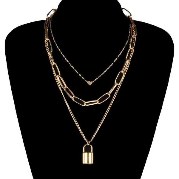 

pendant necklaces multilayers heart lock chain for women gold silver color punk couple choker necklace fashion jewelry