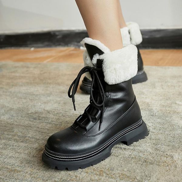 

boots russian winter booties women ankle cow leather + lambswool plush classic handcraft platform heels, Black