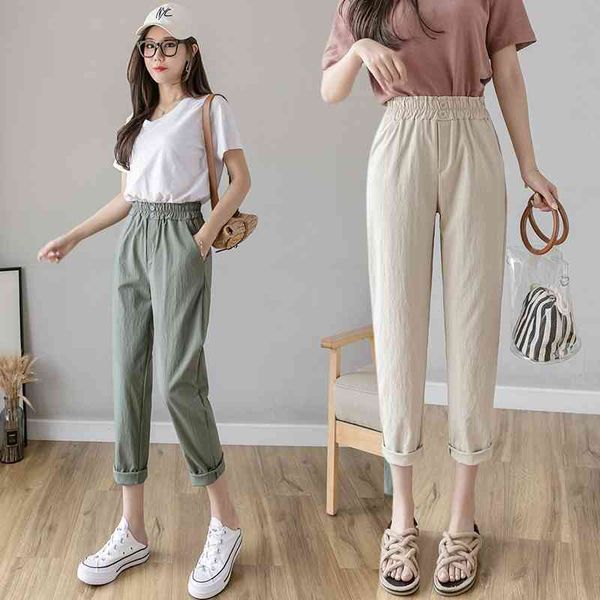 

women cotton and linen pants summer fashion female elastic waist loose casual harem pant thin straight trousers streetwear 210423, Black;white