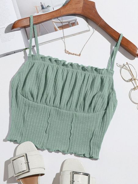 

frill trim ruched front rib-knit cami h2fj#, White