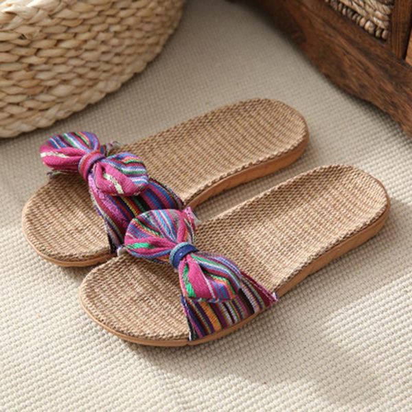 

women shoes 2021 summer eva stripes bow slippers thick cotton linen flat indoor outdoor flip flops beach, Black