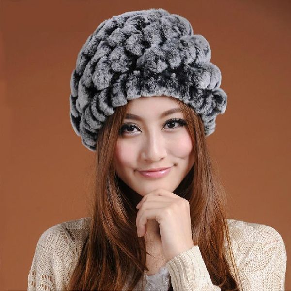 

berets 100% real rex fur cap, genuine knitted hat no. be12107, Blue;gray
