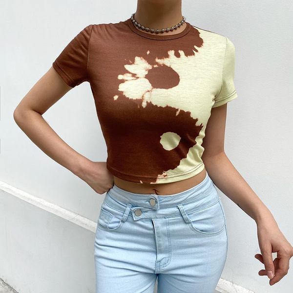 

women's t-shirt summer casual round neck t-shirts stylish short sleeve yin yang graphic slim fit exposed navel crop, White