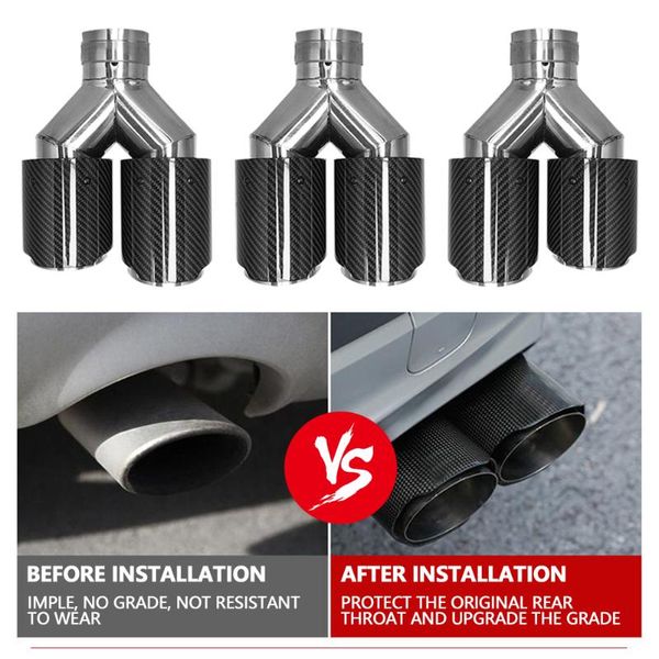 

carbon fiber style y-shaped dual outlet exhaust pipe muffler tip tail throat 63-89mm suitable for universal car manifold & parts