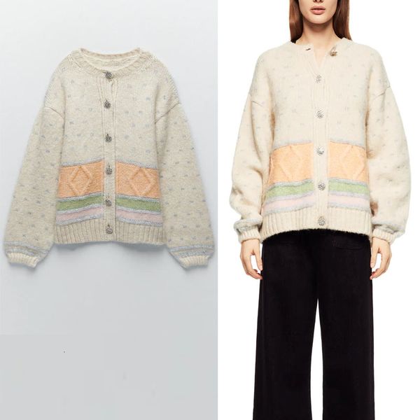

knits jewel button striped knitted cardigan women long sleeve vintage loose sweater female chic ribbed knittd top, White