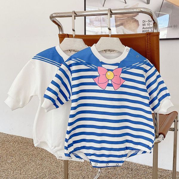 

baby girl printing rompers spring long sleeve fashion infant cotton clothes stripe 0-3yrs 210429, Blue