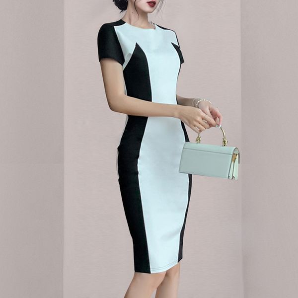 

casual dresses elegant black white patchwork pencil dress women new summer office simple party work sheath bodycon vestidos 896b, Black;gray