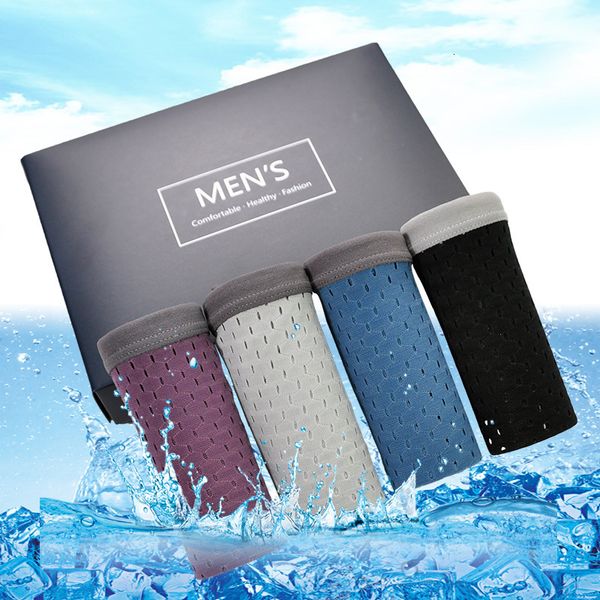 

4 gift boxed men's underwear nylon mesh breathable medium waist boxer, Black;white