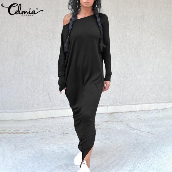 

casual dresses celmia vintage maxi dress women autumn long sleeve off shoulder winter 2021 fashion solid split party robe 5xl, Black;gray