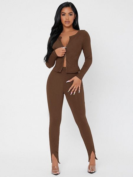 

petite scoop neck zip up crop & slit hem leggings set m65e#, White