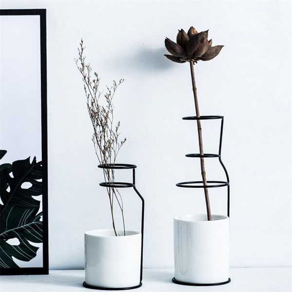 

vases shzq nordic minimalist ceramic flower vase with iron holder hydroponic pot modern dried flowers container planter home decoratio