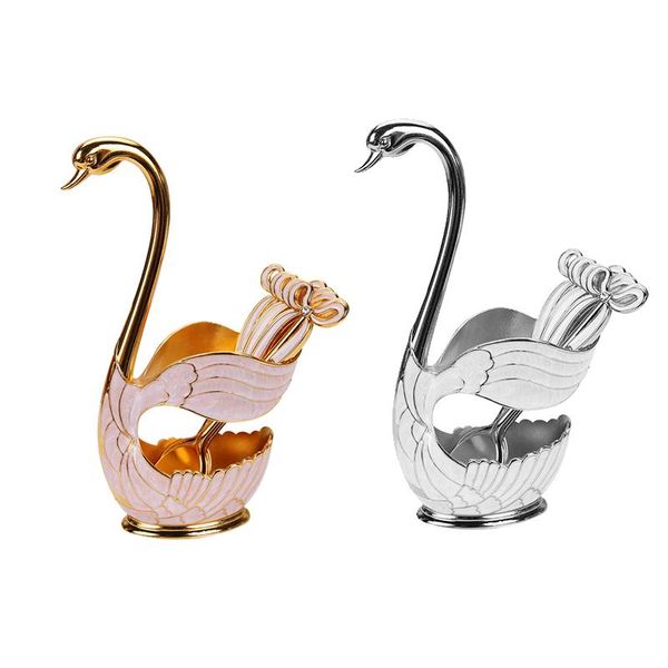 

dinnerware set,zinc alloy fruit cake fork coffee tea spoon swan holder cutlery set 1xswan holder+ 6xspoons sets