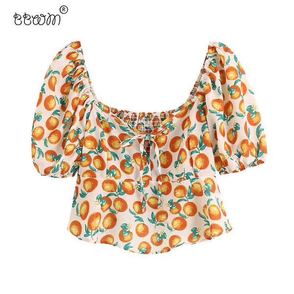Женщины сладкие моды фрукты принт короткие блузки старинные женские слоеные рукава задние эластичные рубашки случайные девушки шикарные вершины 210520