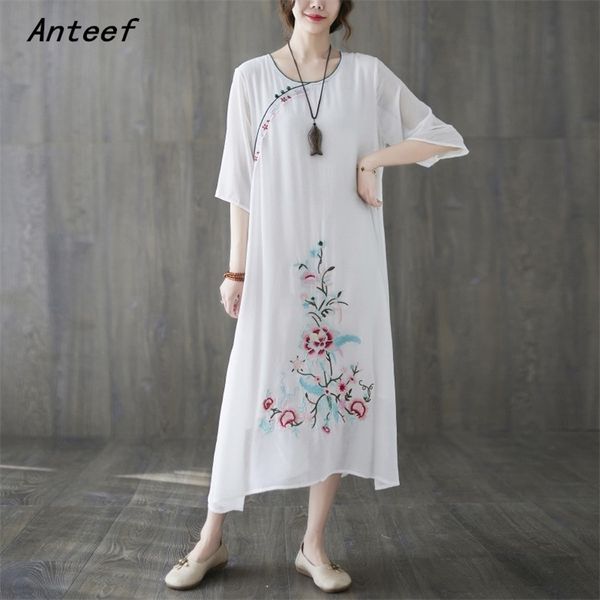 

plus size white cotton vintage floral embroidery for women casual loose long woman summer dress elegant clothes sundress 210517, Black;gray