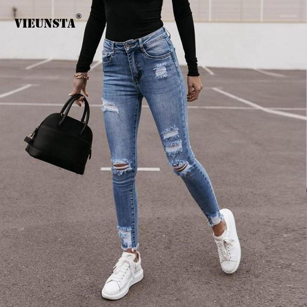

women casual solid jeans long pants fashion slim ripped hole denim pencil vintage high waist trousers streetwear 2xl women's, Blue