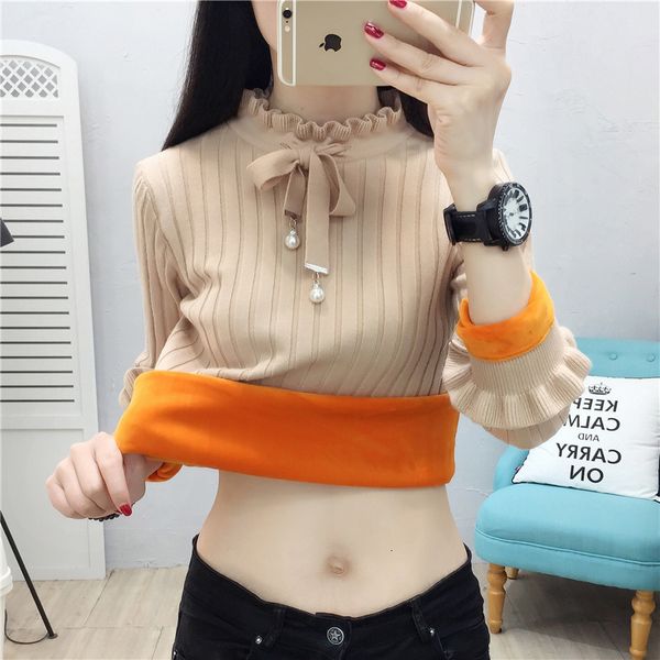 

women's sweaters fashion knitted base sweater plus velvet thickened ladies spring clothing white inner doll collar 26uz, White;black