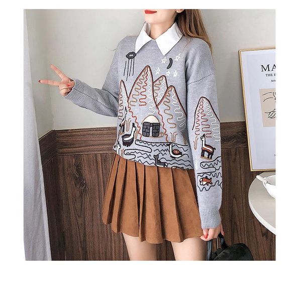 

women's sweaters round neck embroidered cashmere pullover pattern wool knitted sweater overcoat women, White;black