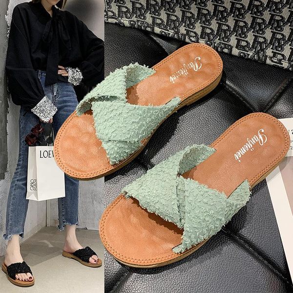 

slippers jaylay women slip-on sandals house casual non-slip breathable soft flat bottom shoes femal cross junctions outer wear, Black