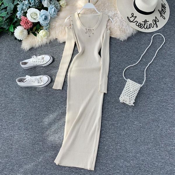

casual dresses long knitted dress sweater black off shoulder sleeve v neck korean office beading plus size women vestidos, Black;gray