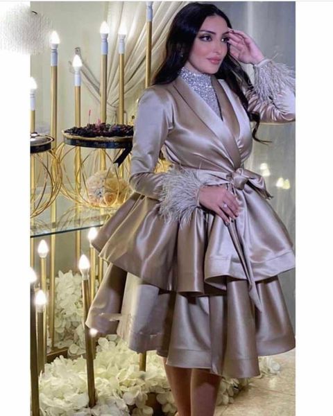 

party dresses champagne cocktail evening 2022 with long sleeve feather arabic knee length tiered brown short shirt prom dress, White;black