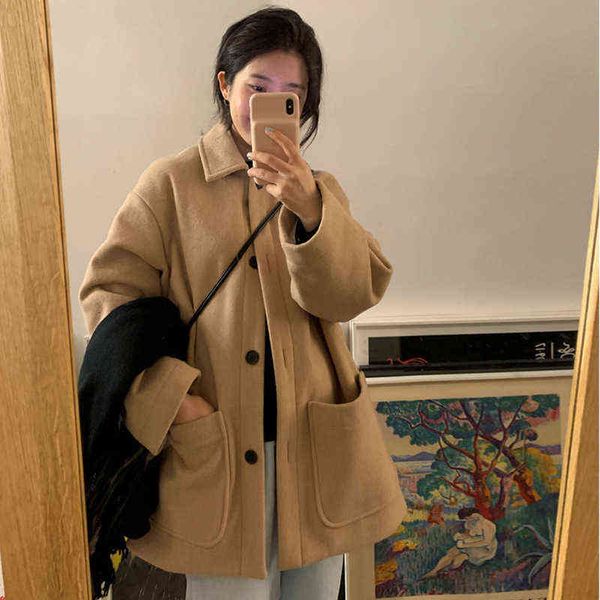 

woolen coat women's autumn and winter 2021 korean version loose versatile design sense medium long woolen trend, Black