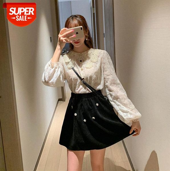 

fashion casual suit women all-match doll collar lace shirt + black a-line skirt two-piece #jq4c, Black;gray
