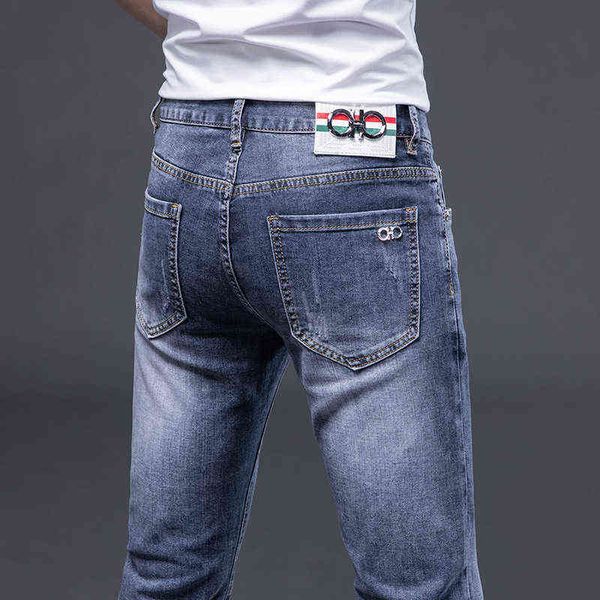 

summer 2022 spring and fashion brand jeans men's clothes slim fit small feet elastic simple quality long pants, Blue