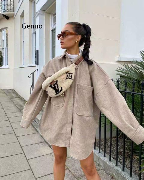 

casual woman camel loose pocket woolen shirt 2021 fashion ladies autumn long sleeve thick blouse coat female outwear women's wool & ble, Black