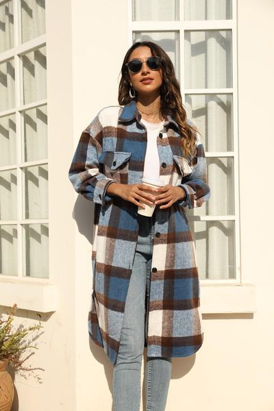 

women's wool & blends plaid coat2021autumn and winter european american style loose lapels breasted trench coat, Black