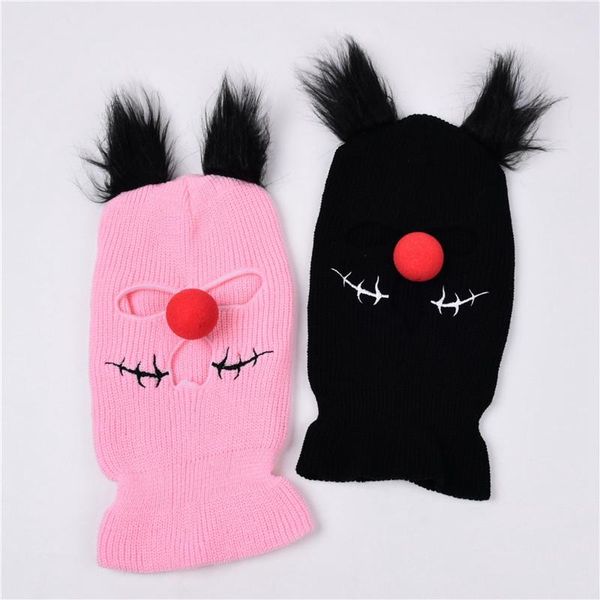 

beanies hairy ears red nose embroidered mouth halloween balaclava full face cover ski mask 3 holes party cycling hats