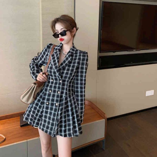 

autumn and winter women's korean style temperament plaid suit dress 210514, Black