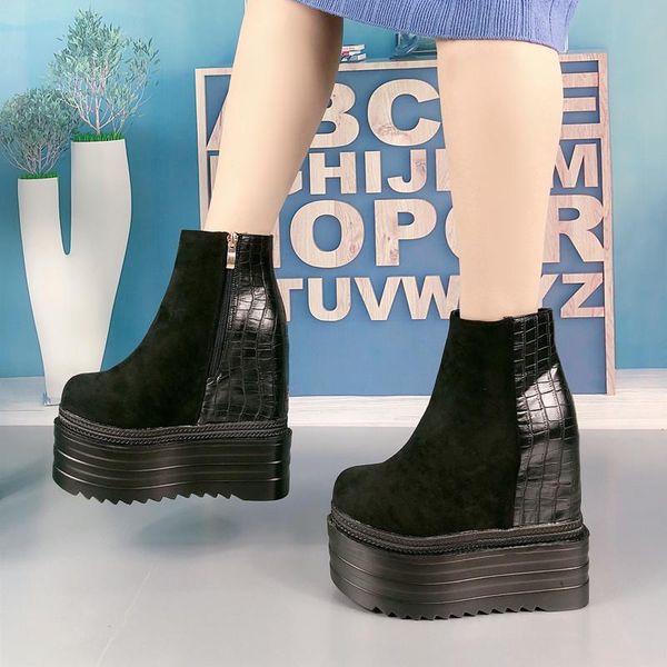 

boots 13cm high heels within increase short wild fashion single thick bottom wedges womens ankle, Black