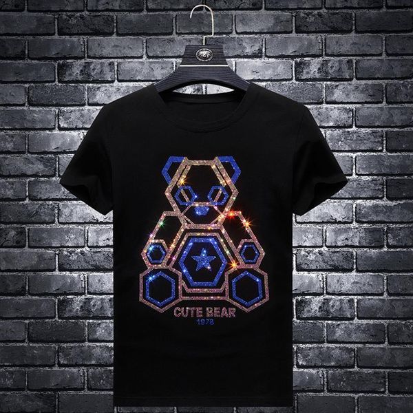 

plus size 7xl cute bear men t shirts rhinestones brand short sleeve fashion man streetwear o neck slim modal cotton, White;black