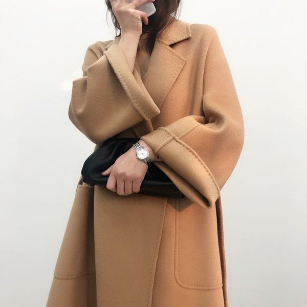 

women's wool & blends autumn and winter fashion long coat water ripple, Black