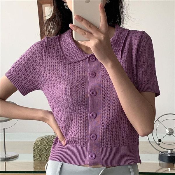

women's knits & tees women 2021 lapel hollow out short sleeves knitted all-match solid fashion casual elastic chic basic sweaters stree, White