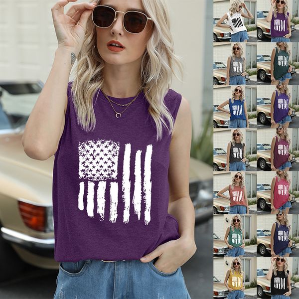 

summer t shirt independence day 2 flag print basic sleeveless vest, White
