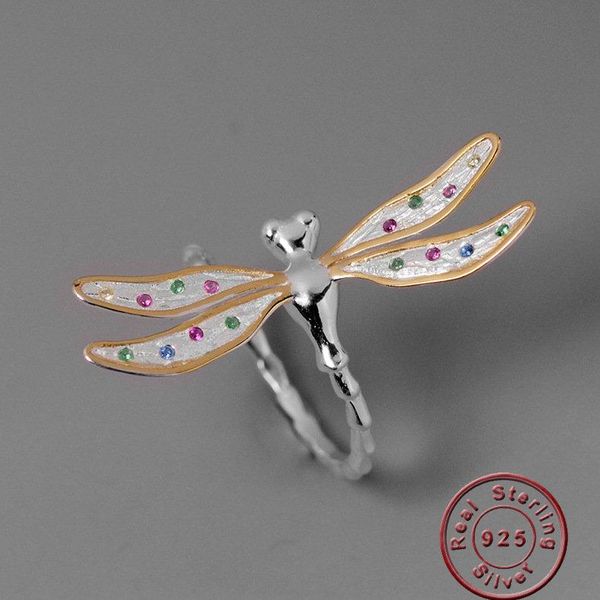 

wedding rings amxiu 100% 925 silver dragonfly ring adjustable open for women girls birthday gifts party accessories zircon jewelry, Slivery;golden